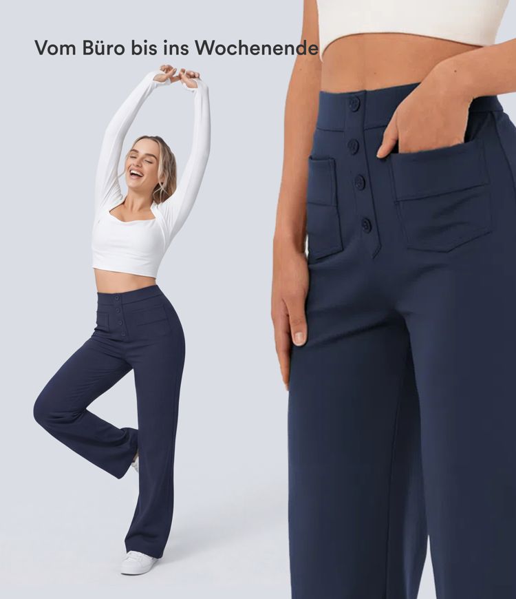 Lässige Stoffhose mit hohem Bund und mehreren Taschen und geradem Bein
