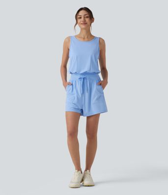 Yoga-Jumpsuit mit Rundhalsausschnitt, Seitentaschen, Kordelzug und Cut-Out-Design - UPF50+