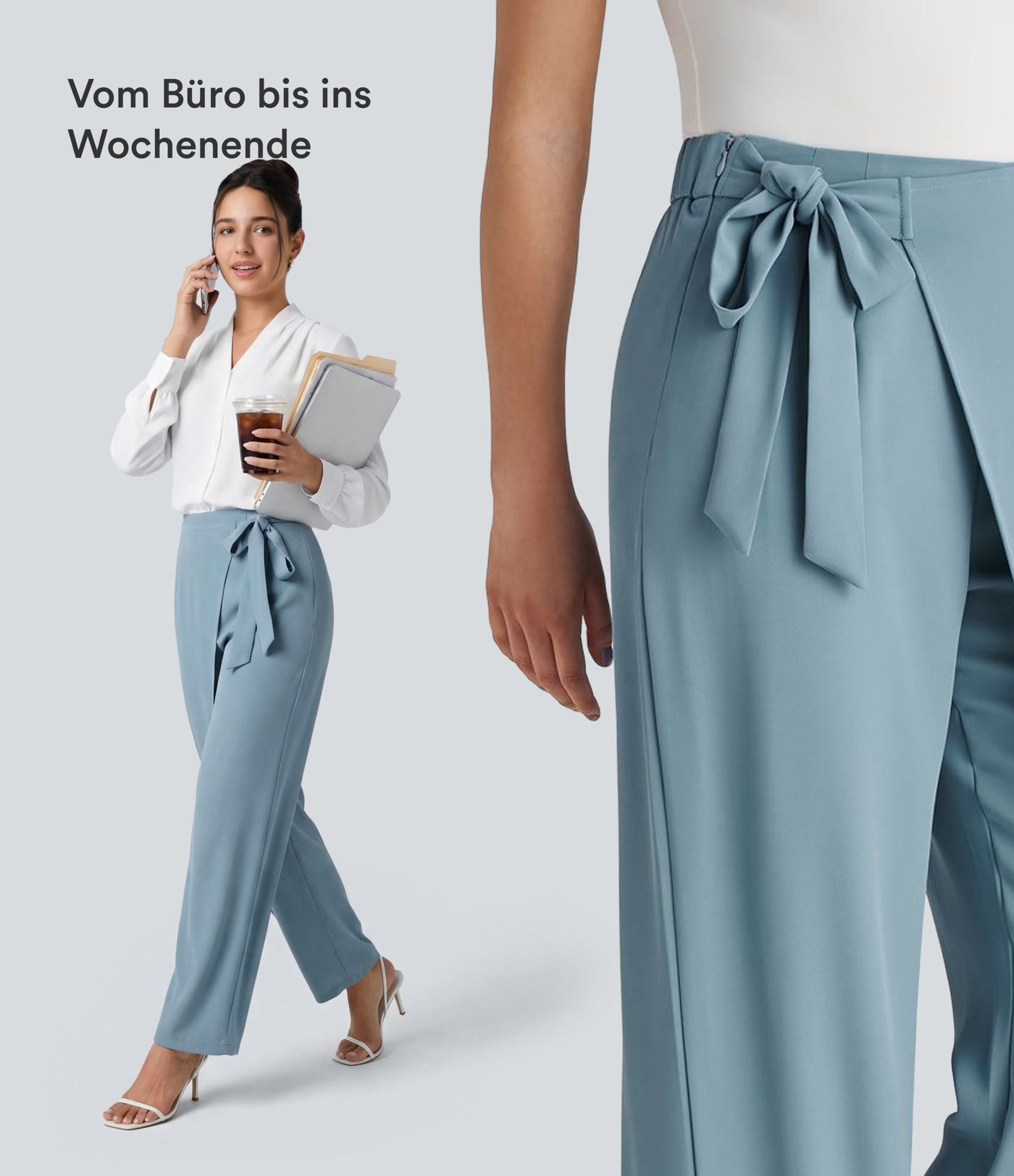 Halara Flex™ - Arbeits-Hose mit hohem Bund, Seitentaschen, Bindeband und weitem Bein