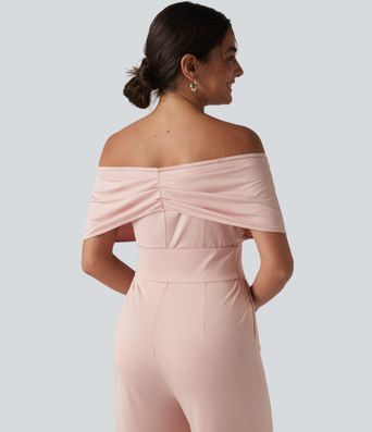Schulterfreier, lässiger Jumpsuit mit integriertem BH, kurzen Ärmeln und Taschen Schulterfreier, lässiger Jumpsuit mit integriertem BH, kurzen Ärmeln und Taschen