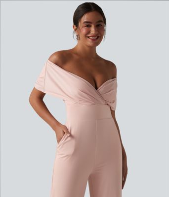 Schulterfreier, lässiger Jumpsuit mit integriertem BH, kurzen Ärmeln und Taschen Schulterfreier, lässiger Jumpsuit mit integriertem BH, kurzen Ärmeln und Taschen