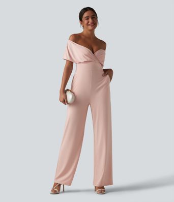 Schulterfreier, lässiger Jumpsuit mit integriertem BH, kurzen Ärmeln und Taschen Schulterfreier, lässiger Jumpsuit mit integriertem BH, kurzen Ärmeln und Taschen