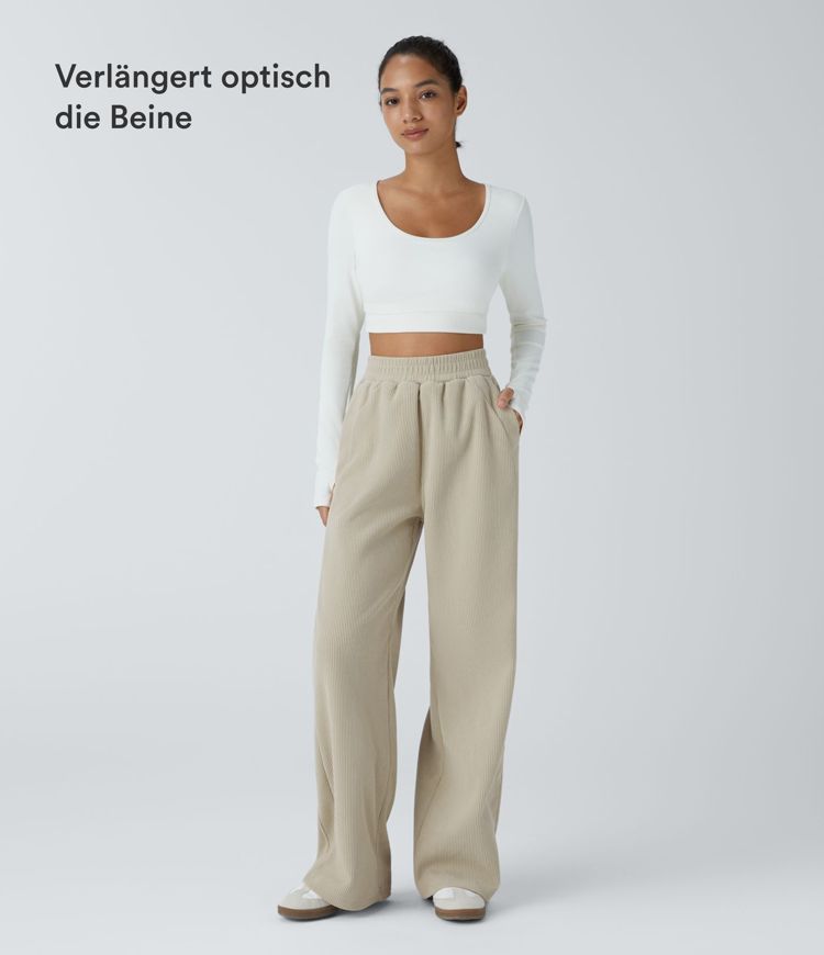 Pantalon Droit décontracté en Velours Côtelé avec Poches et Taille Haute