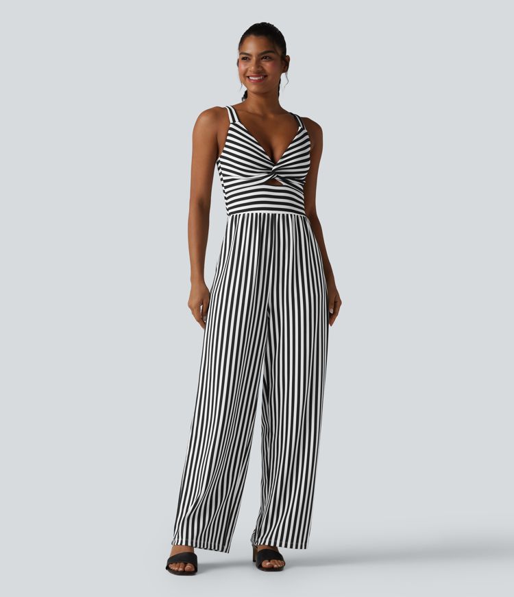Sleeveless Twisted Shirred Invisible Zipper Built-in Bra Stripes Waffle Casual Jumpsuit with Pockets-Easy Peezy Sleeveless Twisted Shirred Invisible Zipper Built-in Bra Stripes Waffle Casual Jumpsuit with Pockets-Easy Peezy