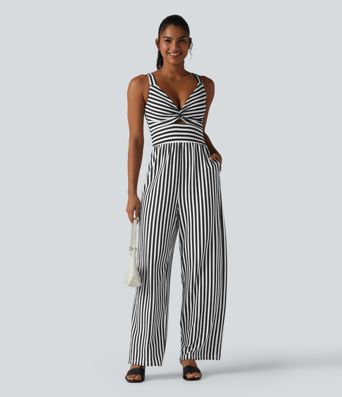 Sleeveless Twisted Shirred Invisible Zipper Built-in Bra Stripes Waffle Casual Jumpsuit with Pockets-Easy Peezy Sleeveless Twisted Shirred Invisible Zipper Built-in Bra Stripes Waffle Casual Jumpsuit with Pockets-Easy Peezy