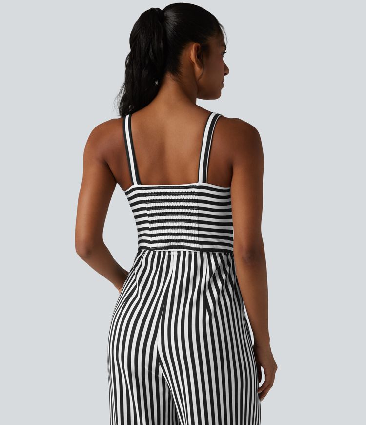 Sleeveless Twisted Shirred Invisible Zipper Built-in Bra Stripes Waffle Casual Jumpsuit with Pockets-Easy Peezy Sleeveless Twisted Shirred Invisible Zipper Built-in Bra Stripes Waffle Casual Jumpsuit with Pockets-Easy Peezy