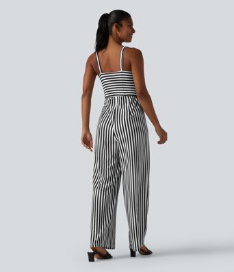 Sleeveless Twisted Shirred Invisible Zipper Built-in Bra Stripes Waffle Casual Jumpsuit with Pockets-Easy Peezy Sleeveless Twisted Shirred Invisible Zipper Built-in Bra Stripes Waffle Casual Jumpsuit with Pockets-Easy Peezy