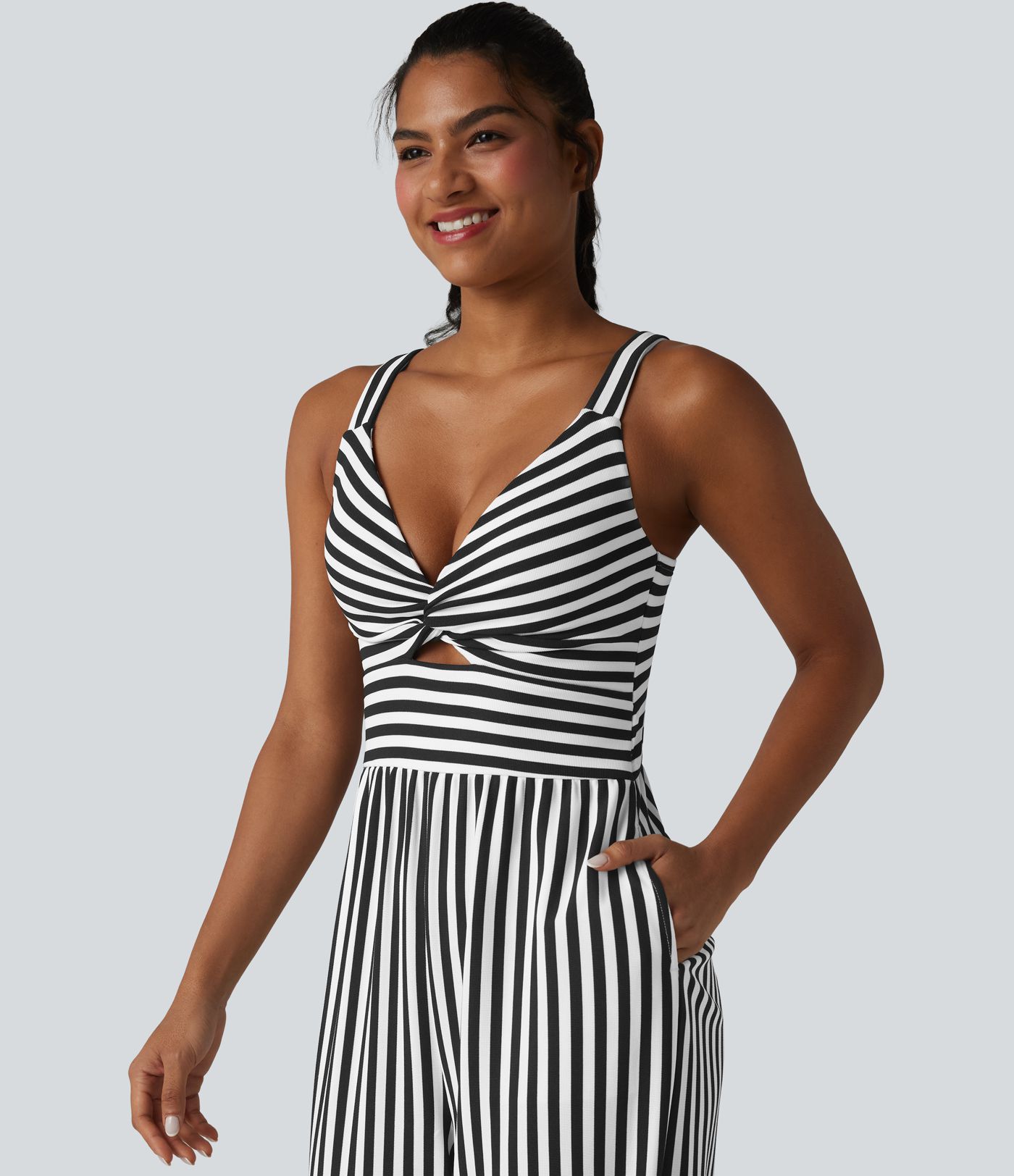 Sleeveless Twisted Shirred Invisible Zipper Built-in Bra Stripes Waffle Casual Jumpsuit with Pockets-Easy Peezy Sleeveless Twisted Shirred Invisible Zipper Built-in Bra Stripes Waffle Casual Jumpsuit with Pockets-Easy Peezy
