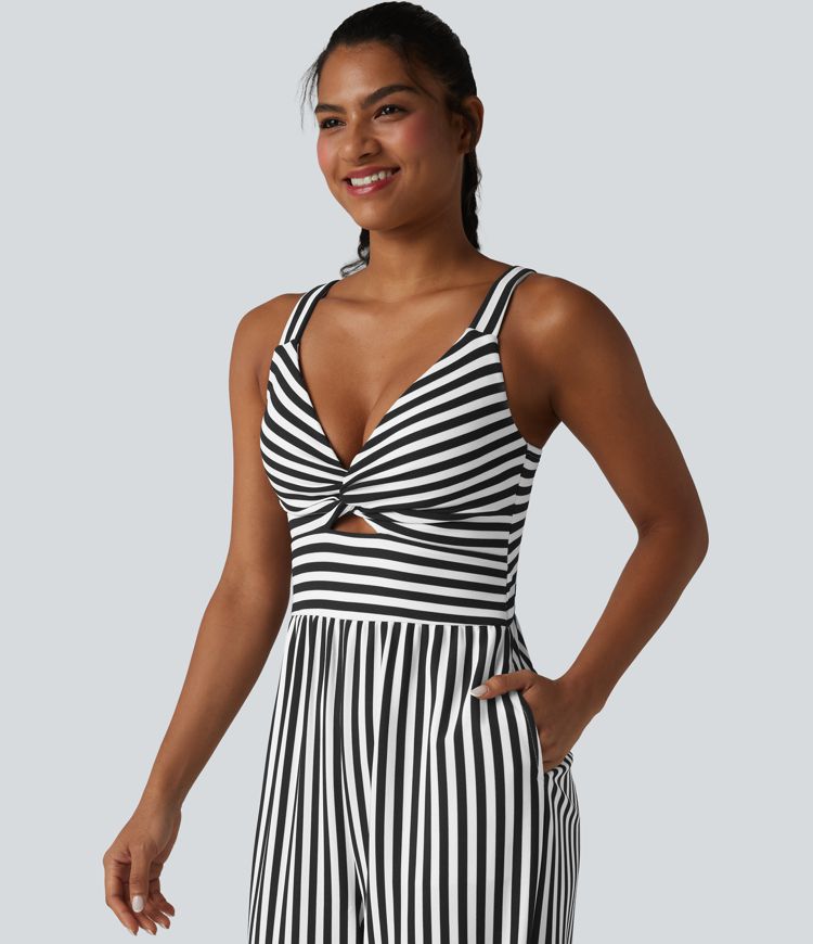 Sleeveless Twisted Shirred Invisible Zipper Built-in Bra Stripes Waffle Casual Jumpsuit with Pockets-Easy Peezy Sleeveless Twisted Shirred Invisible Zipper Built-in Bra Stripes Waffle Casual Jumpsuit with Pockets-Easy Peezy