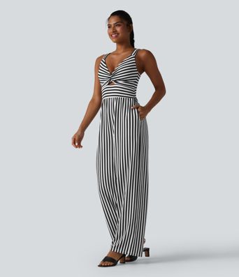 Sleeveless Twisted Shirred Invisible Zipper Built-in Bra Stripes Waffle Casual Jumpsuit with Pockets-Easy Peezy Sleeveless Twisted Shirred Invisible Zipper Built-in Bra Stripes Waffle Casual Jumpsuit with Pockets-Easy Peezy