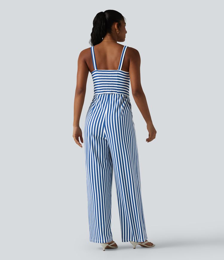 Combinaison sans manches froncée, poches latérales, fermeture éclair invisible, soutien-gorge intégré, rayures et motif gaufré - Easy Peezy