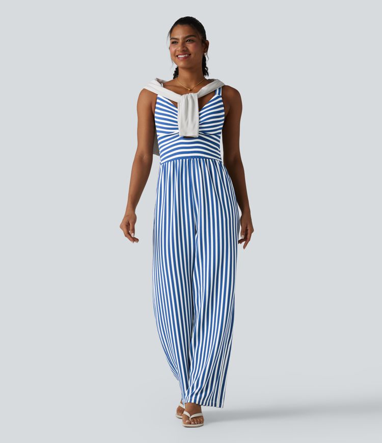 Combinaison sans manches froncée, poches latérales, fermeture éclair invisible, soutien-gorge intégré, rayures et motif gaufré - Easy Peezy