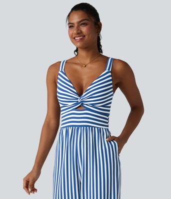 Combinaison sans manches froncée, poches latérales, fermeture éclair invisible, soutien-gorge intégré, rayures et motif gaufré - Easy Peezy