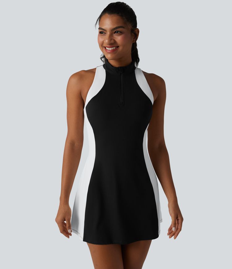 Halara UltraSculpt™ Mini-Golf-Active-Kleid mit angedeutetem Stehkragen (Mock Neck), eingearbeitetem BH, Racerback und Colorblock
