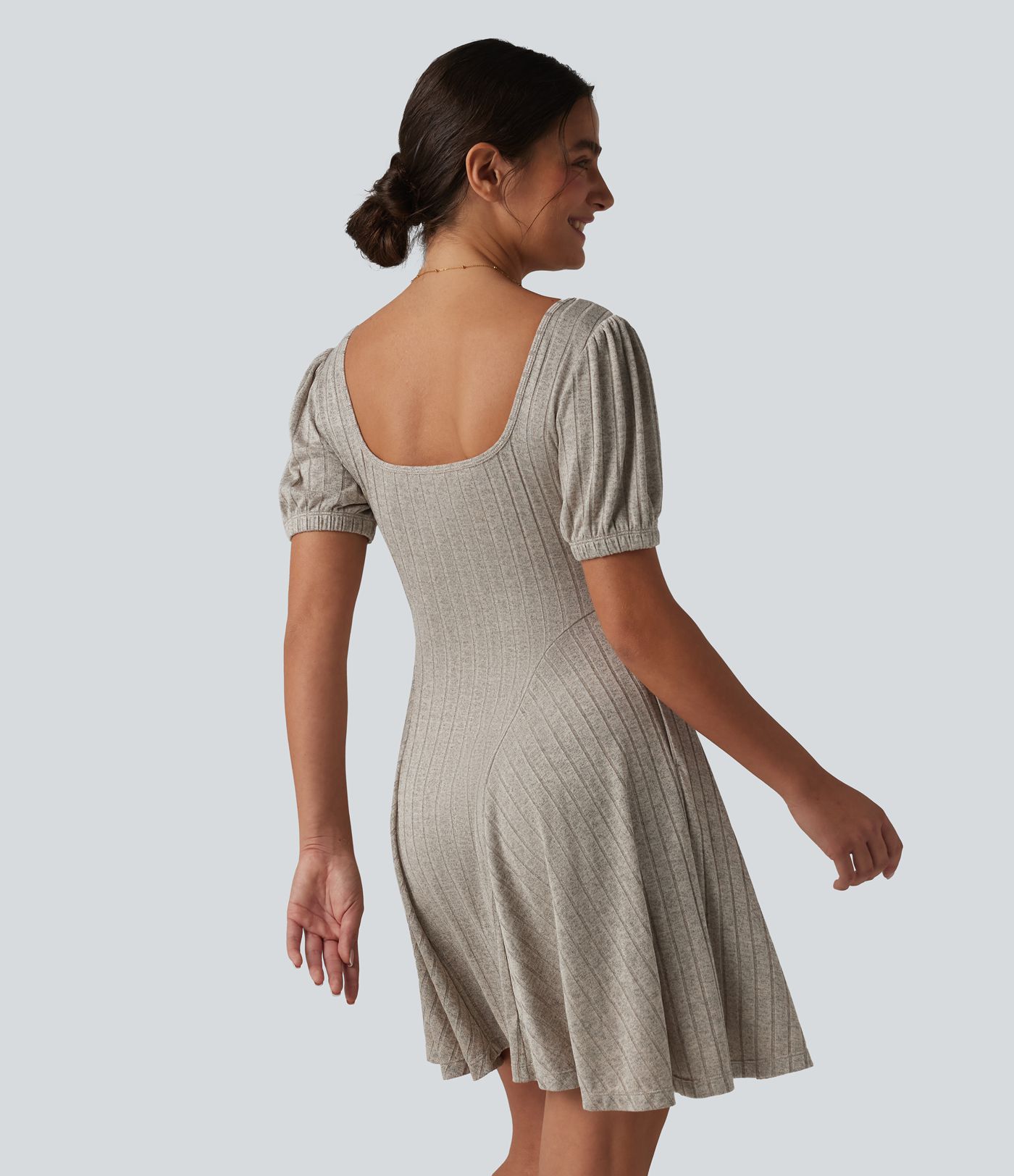 Ribbed Knit Square Neck Puff Short Sleeve Flare Mini Casual Dress with Pockets