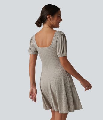 Ribbed Knit Square Neck Puff Short Sleeve Flare Mini Casual Dress with Pockets