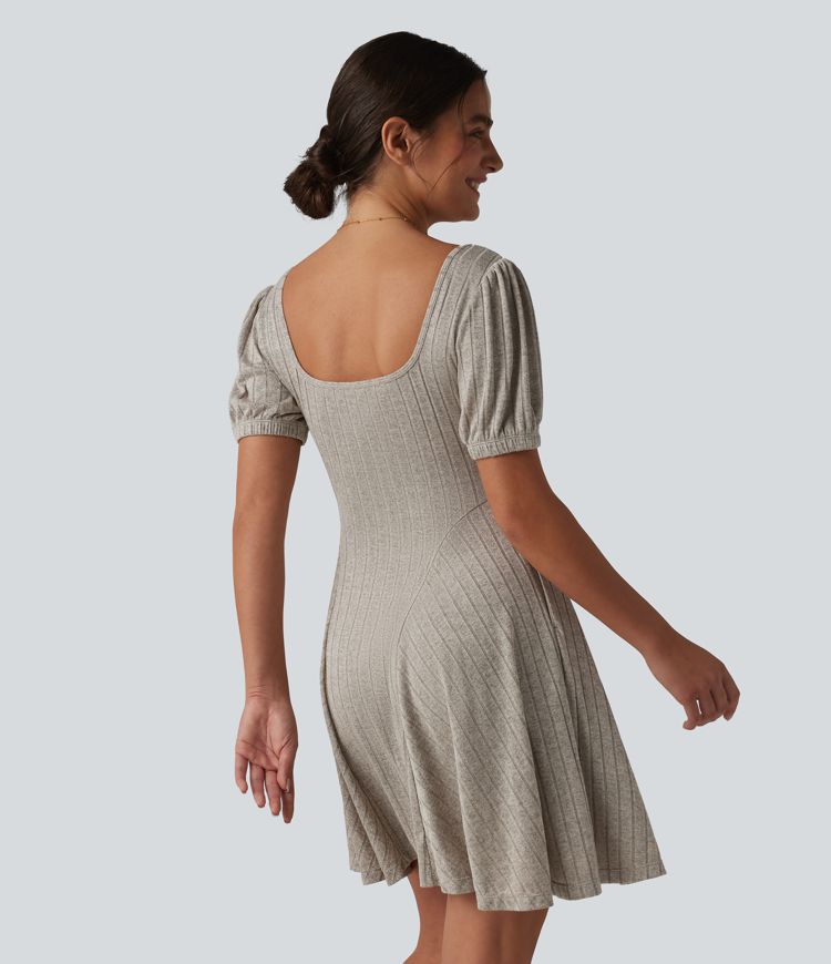Ribbed Knit Square Neck Puff Short Sleeve Flare Mini Casual Dress with Pockets