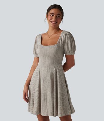 Ribbed Knit Square Neck Puff Short Sleeve Flare Mini Casual Dress with Pockets