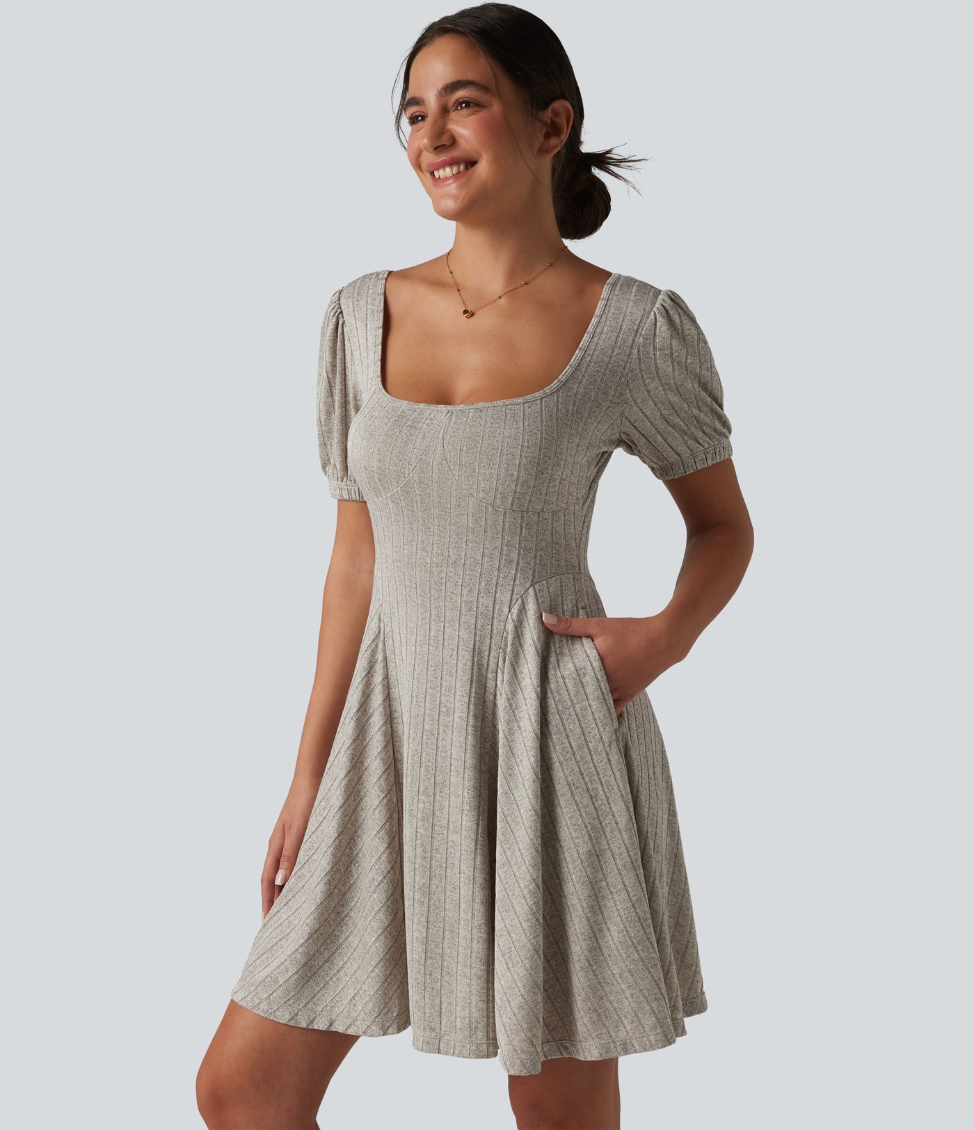 Ribbed Knit Square Neck Puff Short Sleeve Flare Mini Casual Dress with Pockets
