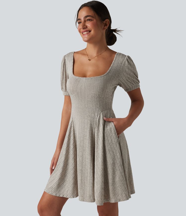 Ribbed Knit Square Neck Puff Short Sleeve Flare Mini Casual Dress with Pockets