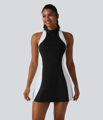 Halara UltraSculpt™ Mini-Golf-Active-Kleid mit angedeutetem Stehkragen (Mock Neck), eingearbeitetem BH, Racerback und Colorblock