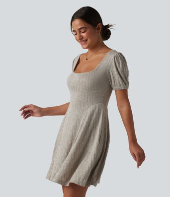 Ribbed Knit Square Neck Puff Short Sleeve Flare Mini Casual Dress with Pockets