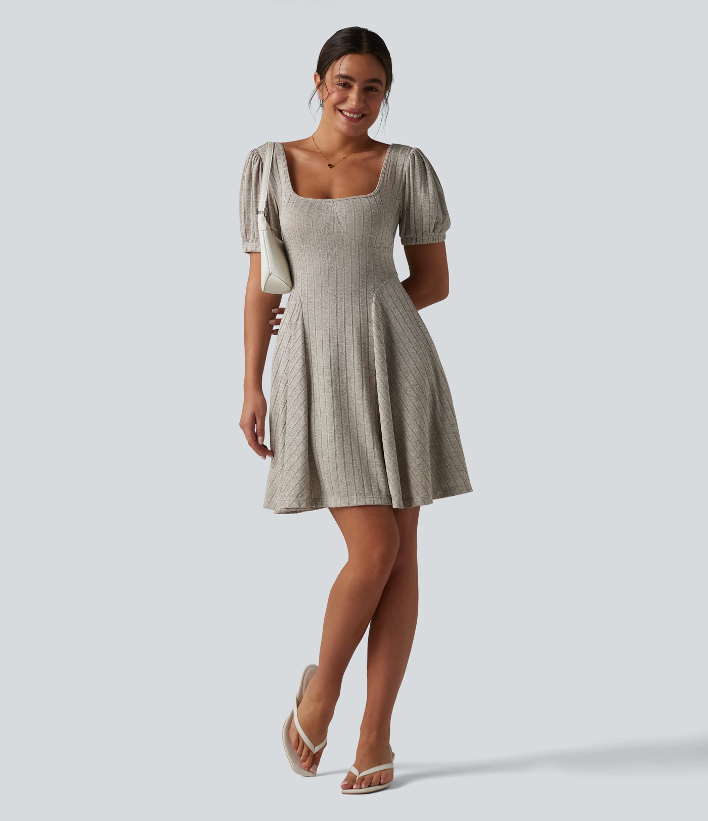 Ribbed Knit Square Neck Puff Short Sleeve Flare Mini Casual Dress with Pockets