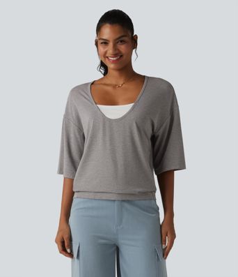 Scoop Neck Half Sleeve Color Block Casual Top
