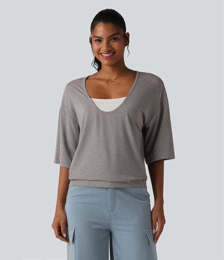 Scoop Neck Half Sleeve Color Block Casual Top