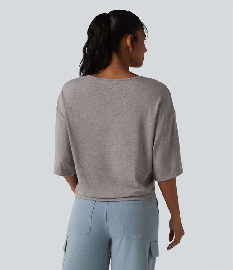 Scoop Neck Half Sleeve Color Block Casual Top