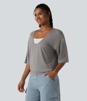 Scoop Neck Half Sleeve Color Block Casual Top