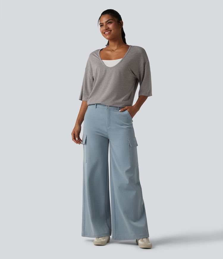 Scoop Neck Half Sleeve Color Block Casual Top