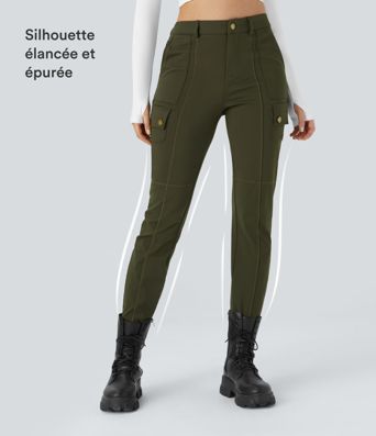 Hohe Taille Cargo-Hose mit Reißverschlusstaschen, einfarbig und eng geschnitten