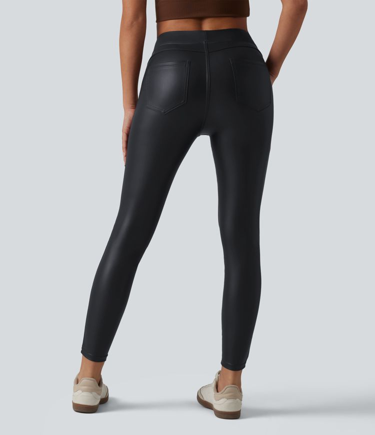 High Waisted Stretchy PU Casual Skinny Pants with Pockets