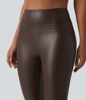 Pantalon skinny casual taille haute en simili cuir extensible avec poches Pantalon skinny casual taille haute en simili cuir extensible avec poches