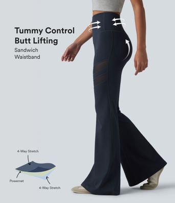 DayStretch - Lässige Flare-Leggings mit hohem Bund, Seitentasche, Bauchkontrolle und Kontrast-Mesh - Po-Lifting