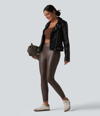 Pantalon skinny casual taille haute en simili cuir extensible avec poches Pantalon skinny casual taille haute en simili cuir extensible avec poches