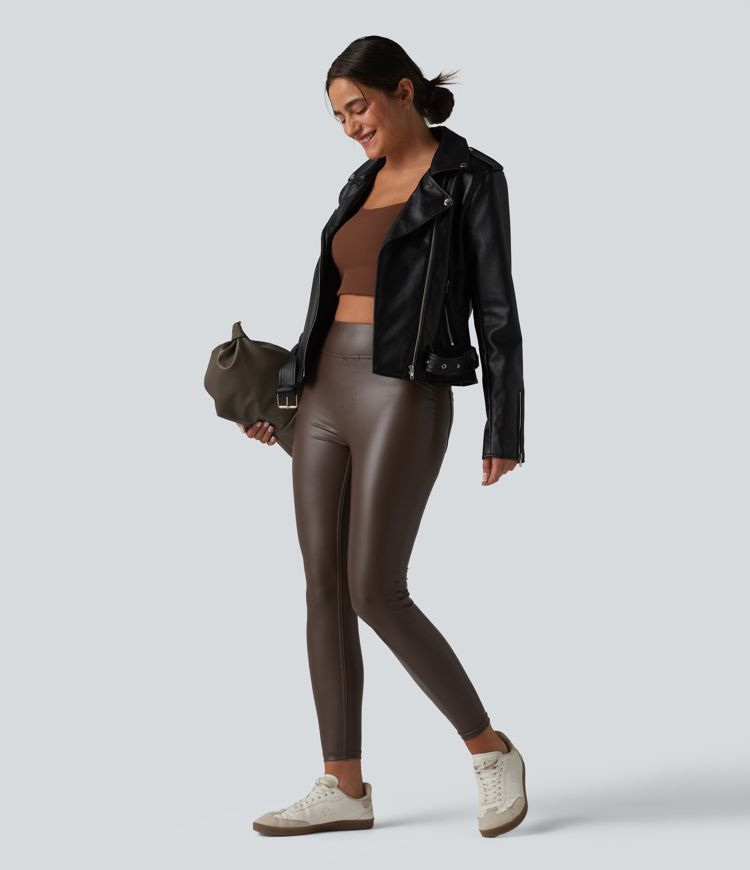Pantalon skinny casual taille haute en simili cuir extensible avec poches Pantalon skinny casual taille haute en simili cuir extensible avec poches