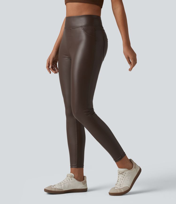 Pantalon skinny casual taille haute en simili cuir extensible avec poches Pantalon skinny casual taille haute en simili cuir extensible avec poches