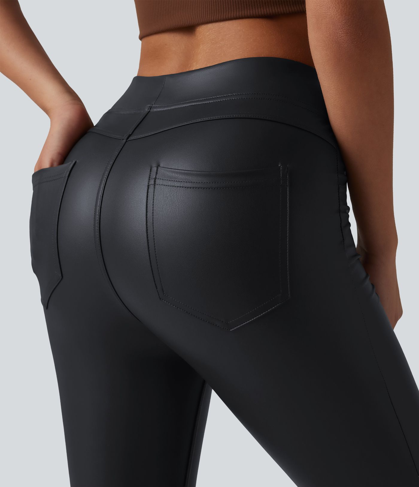 High Waisted Stretchy PU Casual Skinny Pants with Pockets