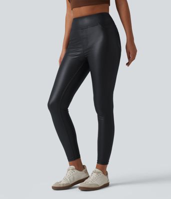 High Waisted Stretchy PU Casual Skinny Pants with Pockets