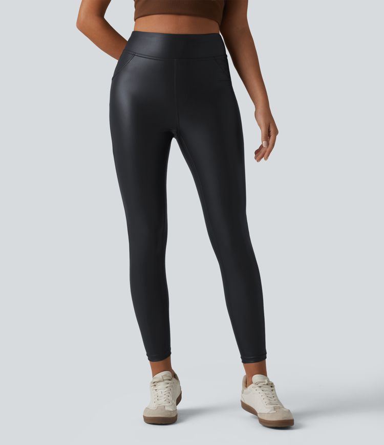 Pantalon skinny casual taille haute en simili stretch avec poches