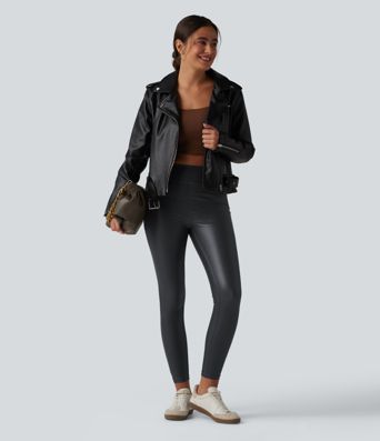 High Waisted Stretchy PU Casual Skinny Pants with Pockets