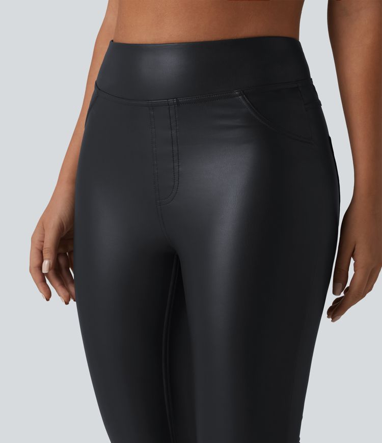 High Waisted Stretchy PU Casual Skinny Pants with Pockets