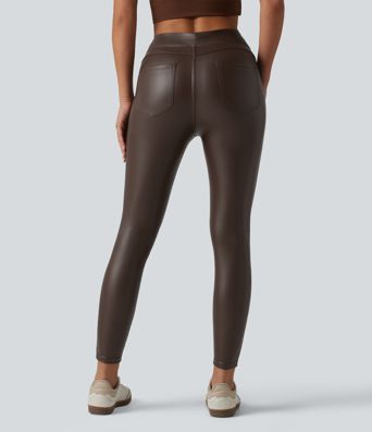 Pantalon skinny casual taille haute en simili cuir extensible avec poches Pantalon skinny casual taille haute en simili cuir extensible avec poches