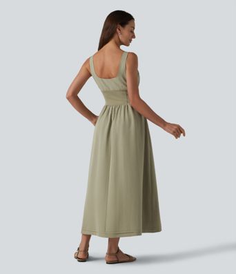 Square Neck Lace Up Corset Midi Casual Dress with Pockets