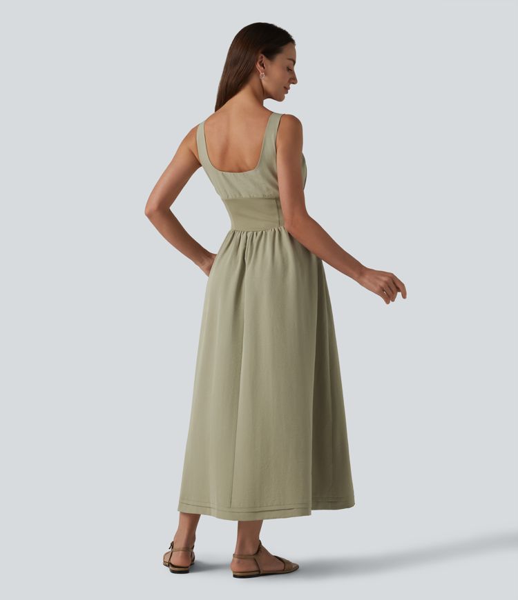 Square Neck Lace Up Corset Midi Casual Dress with Pockets