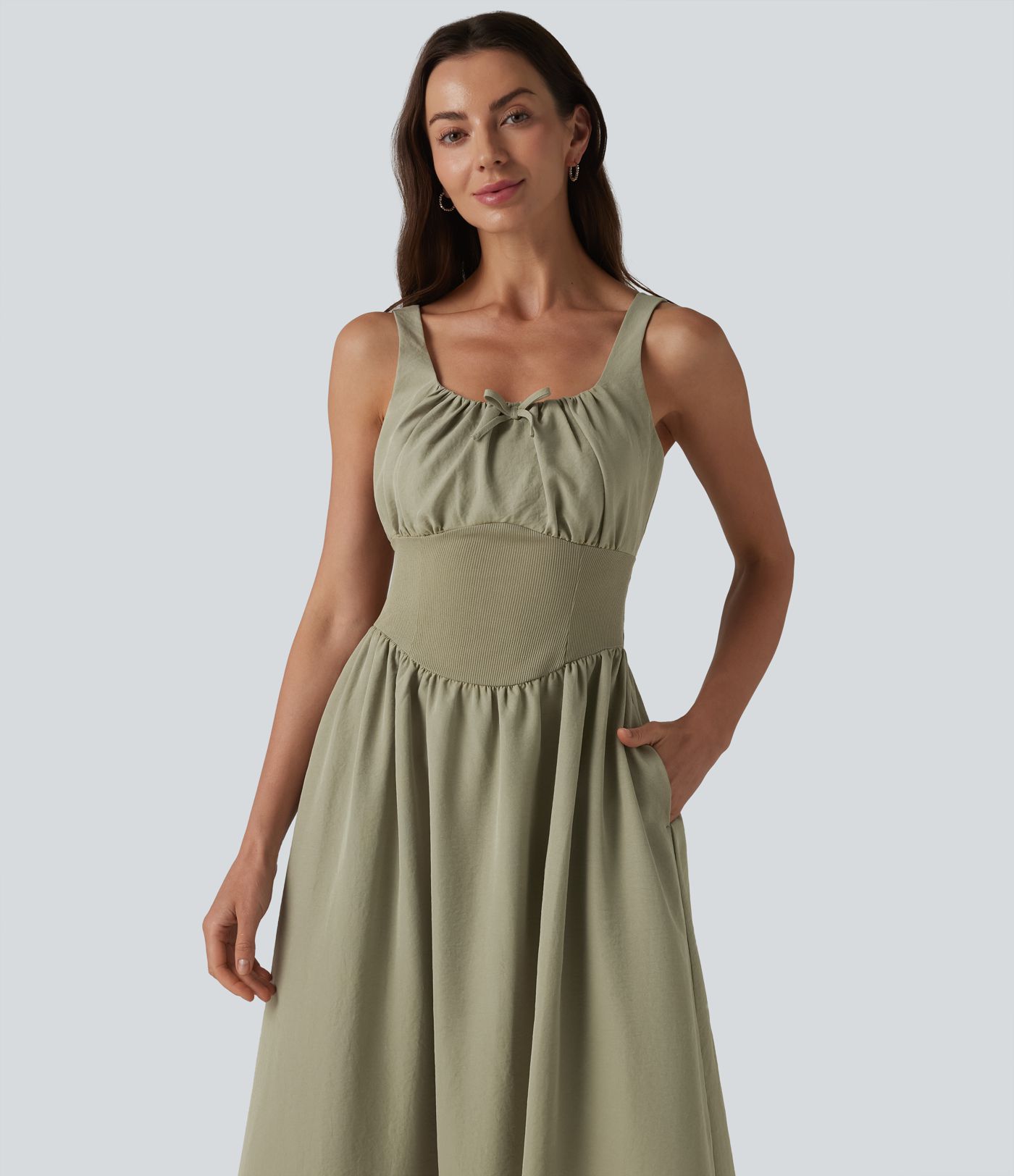 Square Neck Lace Up Corset Midi Casual Dress with Pockets