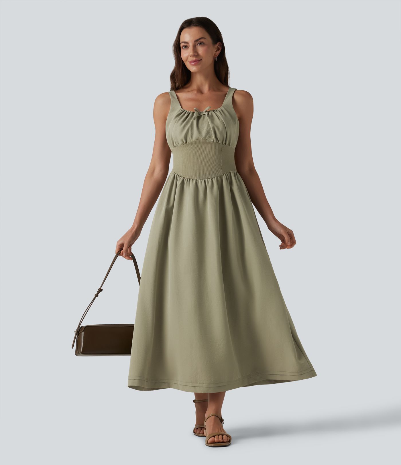 Square Neck Lace Up Corset Midi Casual Dress with Pockets