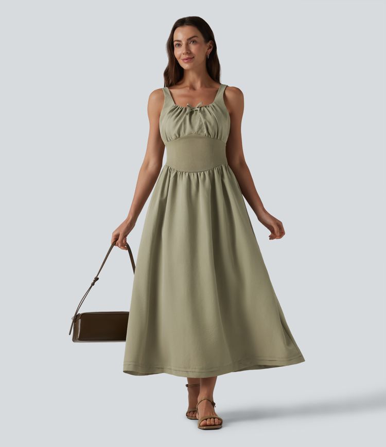 Square Neck Lace Up Corset Midi Casual Dress with Pockets
